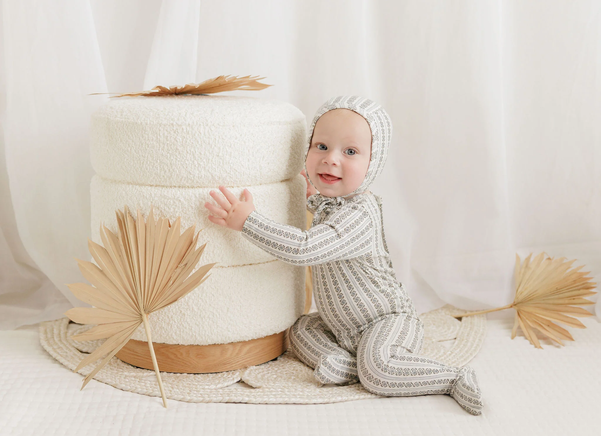 Baby Boy Footie and Bonnet – Ivory Blue – Linear Leaf - Image 4