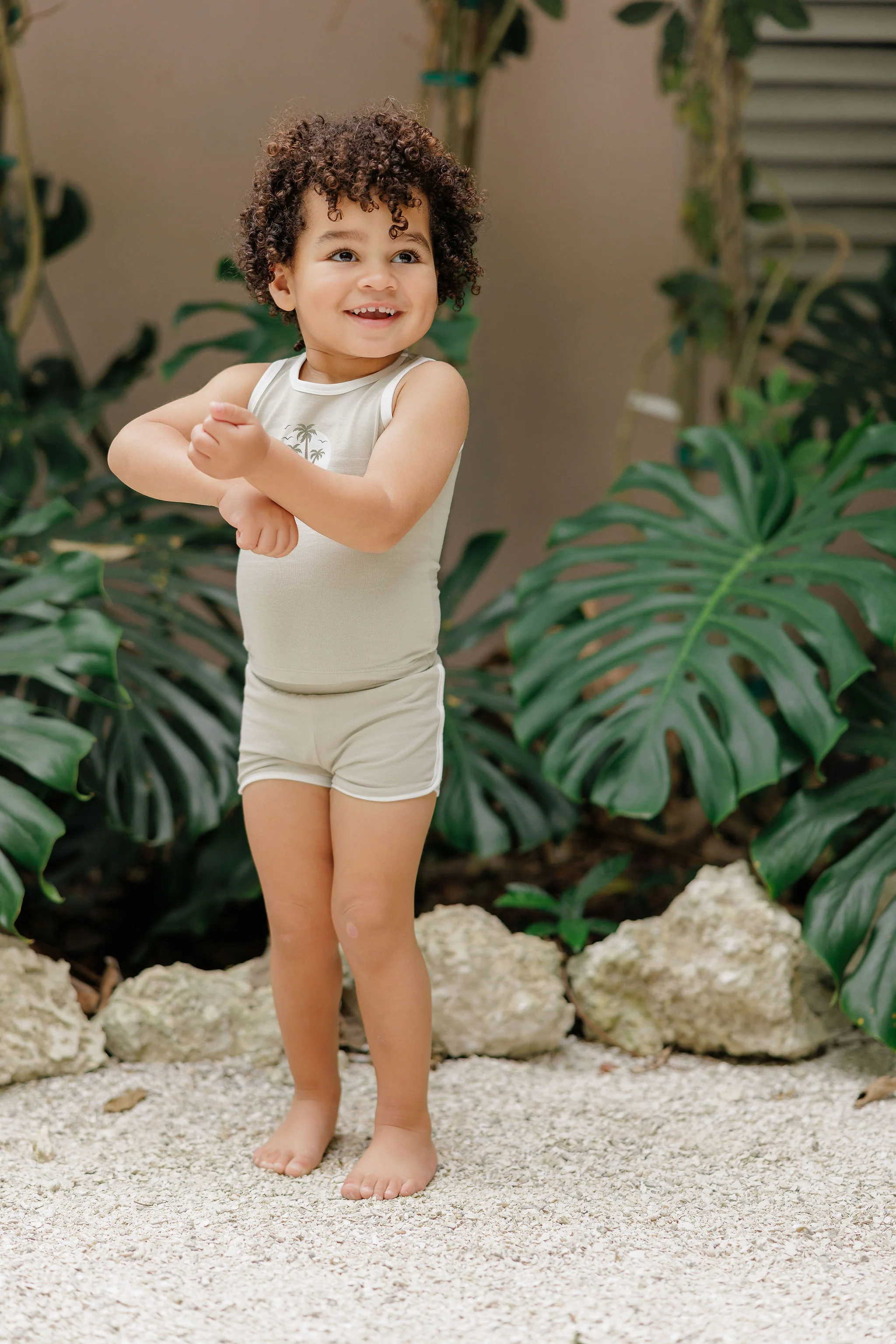 Boys Tank and Shorts - Sage - Printed Palm Trees - Image 3