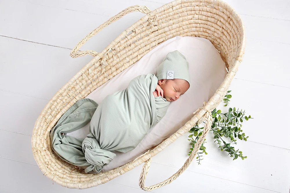 Jersey Knit Sage Cotton Swaddle and Beanie Gift Set - Image 4