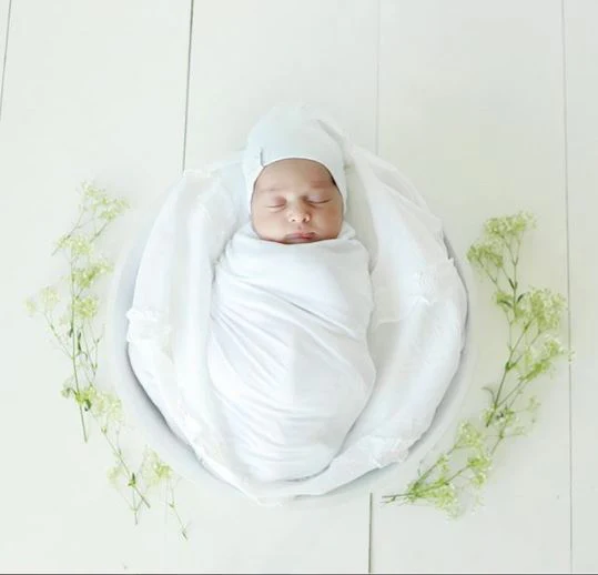 Jersey Knit White Cotton Swaddle and Beanie Gift Set - Image 4